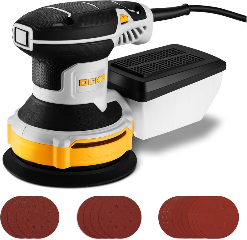 DEKOPRO Orbital Sander Corded Hand Sander: 5" Random Orbital Sander with Dust Box, 6 Various Speeds Electric Palm Sander with Dust Box, 16Pcs Sandpapers for Woodworking & Sanding-Yellow - Image 1